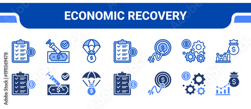 Economic Recovery Icon Collection,  featuring Recovery Tracking, Stimulus, Fund, Planning, Target, Management, Analytics.