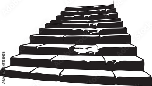 Black and white illustration of broken stone staircase steps
