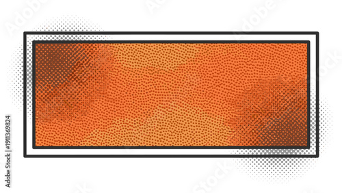 Halftone textured orange rectangle with decorative frame and dot