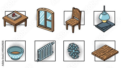 Isometric household objects collection: coffee, window, chair, lamp