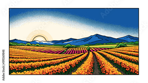 Vibrant sunrise over rolling countryside with blooming fields and