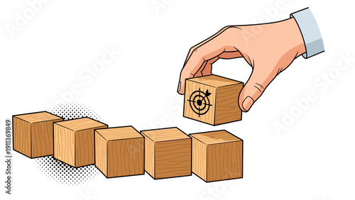 Strategic decision making concept with hand placing target cube in