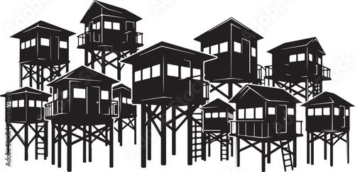 Elevated Houses on Stilts in Black and White Illustration