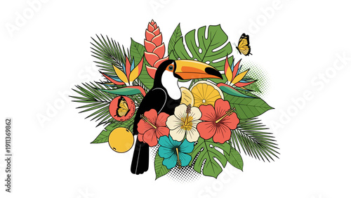 Tropical toucan with colorful floral arrangement and butterflies