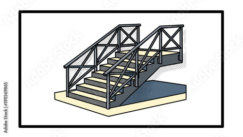 Modern isometric staircase with metal railings in comic book style