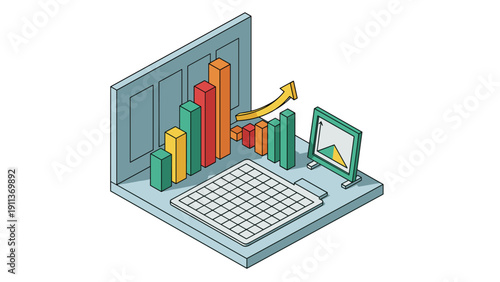 Isometric business analytics with 3d graphs in modern office