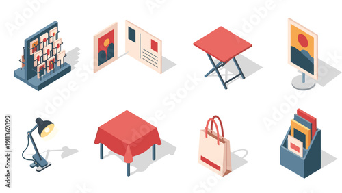 Isometric icons of postcards, furniture, and office tools for design