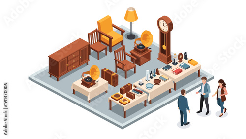 Isometric antique market with furniture and vinyl records