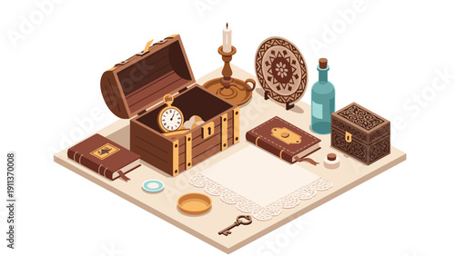 Vintage treasures isometric composition with chest, books, candle