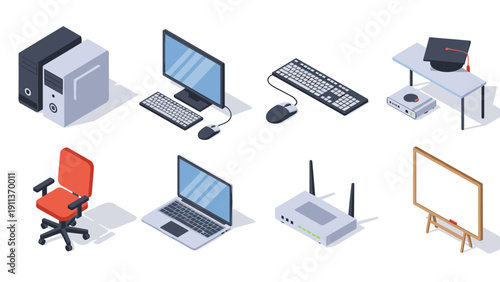 Isometric office and tech device collection for modern workspace