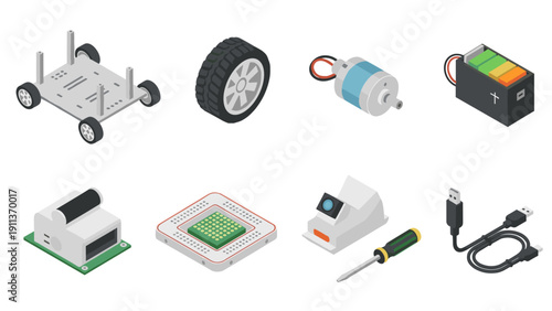 Isometric robotics components: chassis, microcontroller, wheel