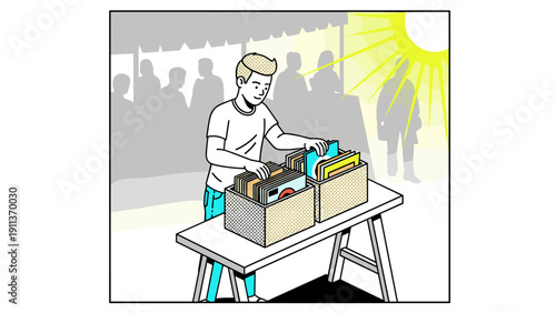 Man browsing vinyl records outdoors on a sunny day