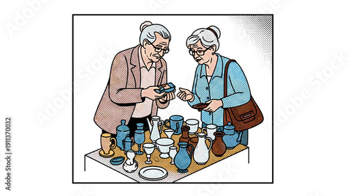 Elderly women shopping for ceramics at a market table in halftone