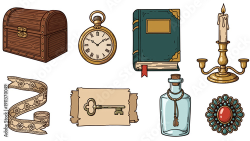 Vintage collection of antique objects featuring key, book, and candle