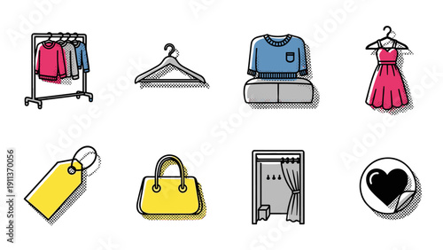 Fashion shopping icons with halftone effect in modern flat design