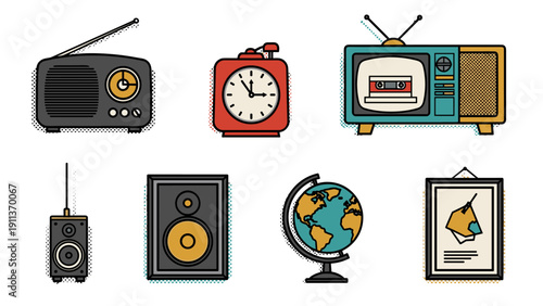 Retro vintage electronics and accessories collection in pop art style