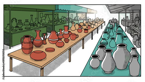 Colorful pottery display at open market with vintage aesthetic