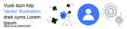 Digital security, identity protection, malware defense, data privacy, software integration, online accounts. Individual holding a shield protecting from bugs. Cybersecurity and identity protection