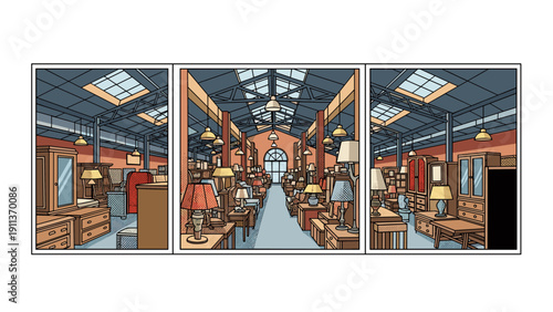 Vintage comic style furniture warehouse showroom with antique