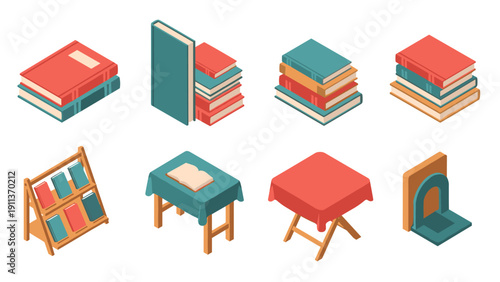 Isometric book collection with bookshelf and reading table in retro