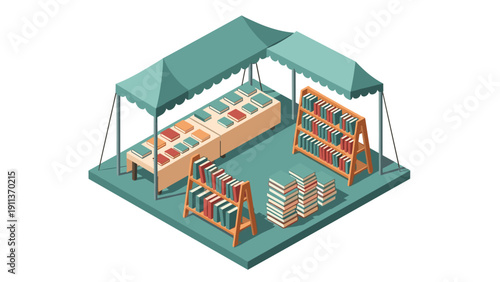 Isometric book fair booth with shelves and stacks under tents