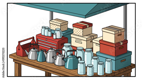 Vintage market table with assorted jars and boxes under canopy