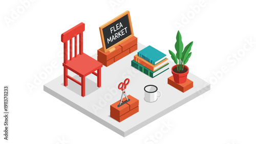 Isometric flea market items with red chair, potted plant, and