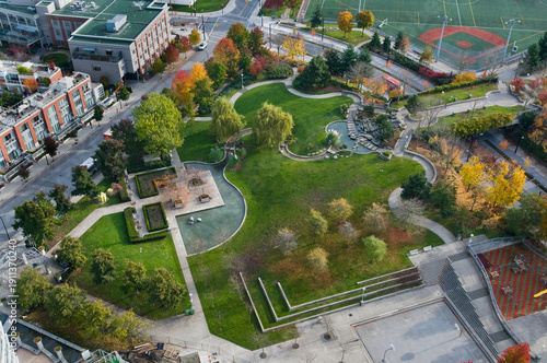Canada, BC, Vancouver.  Andy Livingstone Park.  Overhead view of small urban park.  