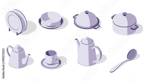 Sleek isometric kitchenware collection featuring modern cookware and