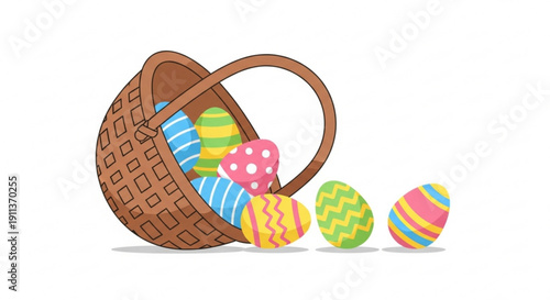 Colorful easter eggs spilling out of a brown wicker basket on white background
