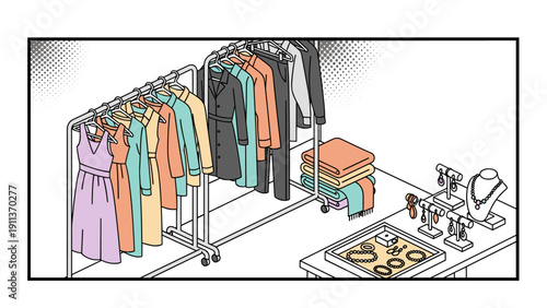 Modern boutique display with clothing racks and accessories