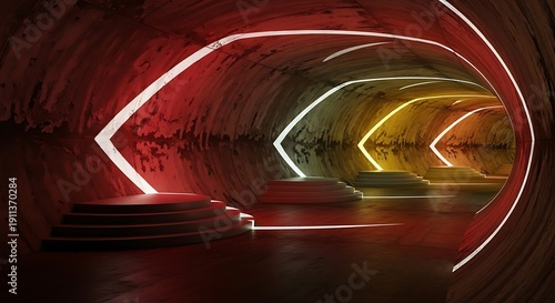 Subterranean corridor with luminous chevrons and elevated platforms