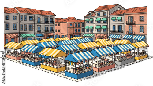 Colorful market scene with vendor stalls in european town square