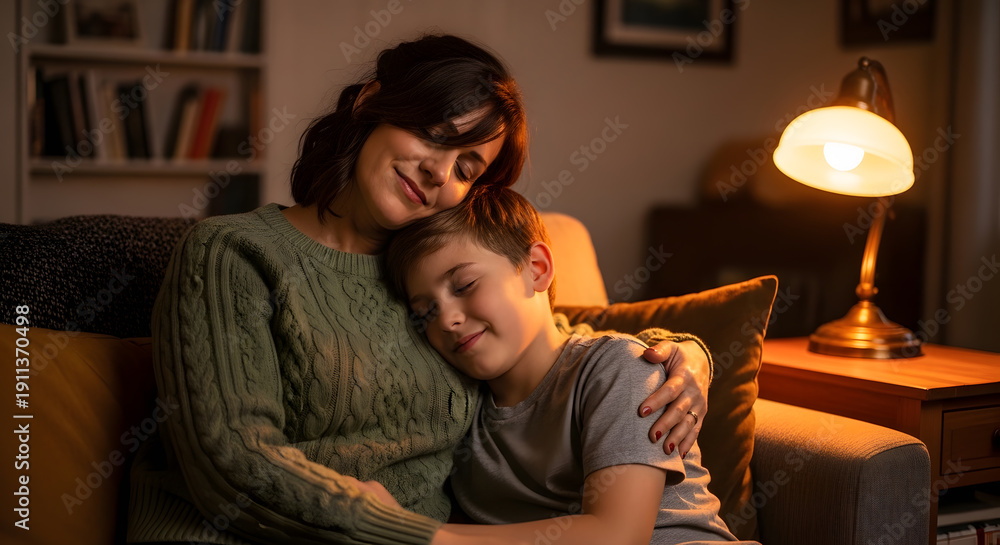 Obraz premium A peaceful moment of a mother embracing her young son while relaxing together on a couch under warm lamp light