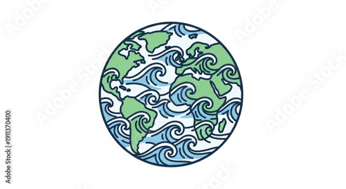 Earth with swirling ocean waves green continents on white background
