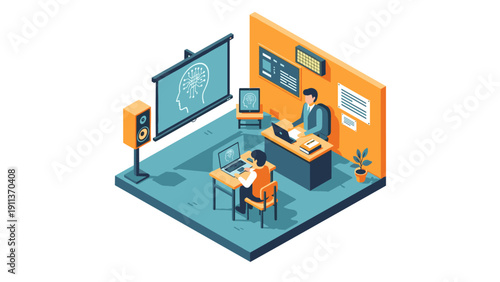 Isometric design of ai learning classroom with students and modern
