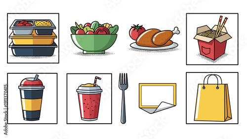Colorful fast food icons featuring meals, drinks, and containers