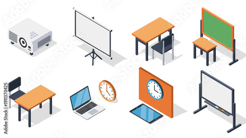 Isometric office and classroom supplies: projector, furniture