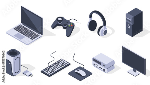 Isometric electronic devices set featuring laptop, game controller