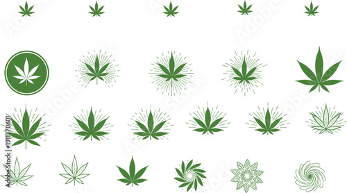 Cannabis Leaf Icon Set Collection with Green Marijuana Symbols, Hemp Leaves, and Botanical Vector Designs