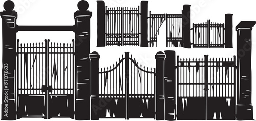 Black Iron Fence Gate with Pillars and White Background