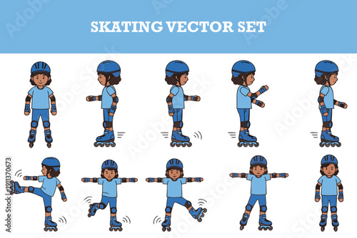 Cute cartoon character roller skating vector set showing various poses and movements of a girl on skates wearing safety gear