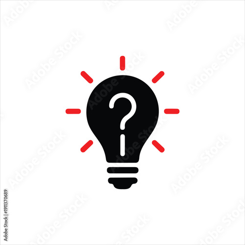 Lightbulb icon with question mark and radiating red lines idea query