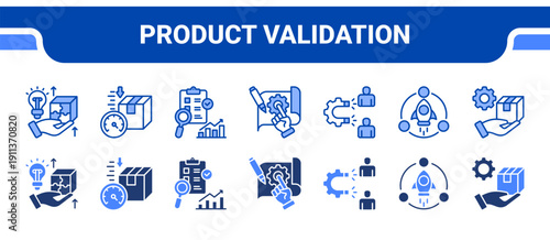 Product Validation Icon Collection,  featuring Product market fit, MVP, Market research, Prototype, Customer acquisition, Lean, Product development.