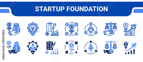 Startup Foundation Icon Collection,  featuring Funding, Co-founder, Business plan, Business model, Lean, Equity, Startup business.