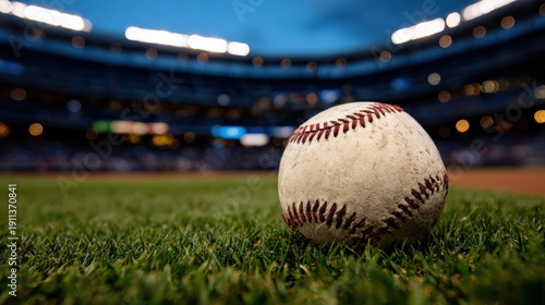 A worn baseball lies on the grass of a stadium field, with blurred stadium lights and seats in the background.