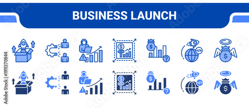 Business Launch Icon Collection,  featuring Product launch, Customer acquisition, Growth hacking, Scaling, Venture capital, Accelerator, Angel investor.
