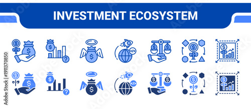 Investment Ecosystem Icon Collection,  featuring Funding, Venture capital, Angel investor, Accelerator, Equity, Business model, Scaling.