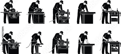 Carpenter and Woodworker Silhouette Set Using Table Saw and Power Tools for Furniture Making and Workshop Production