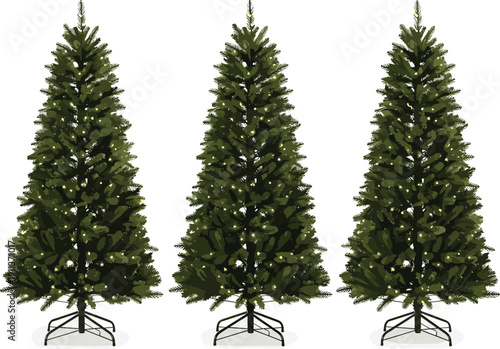 Realistic green Christmas tree set isolated on white background, decorated evergreen pine holiday vector illustration with metal stand